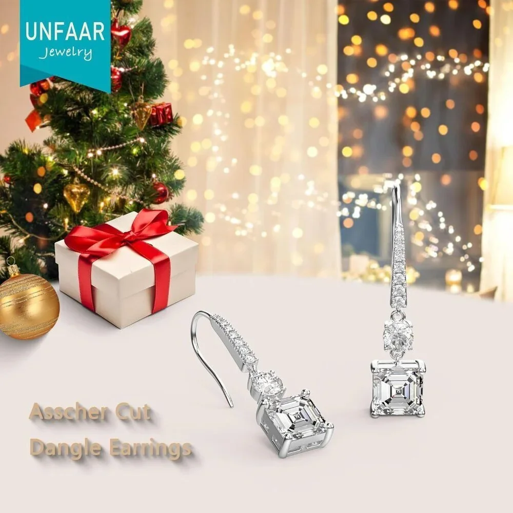 Sterling Silver Square Asscher CZ Dangle Earrings Women Gift Formal Wedding_5